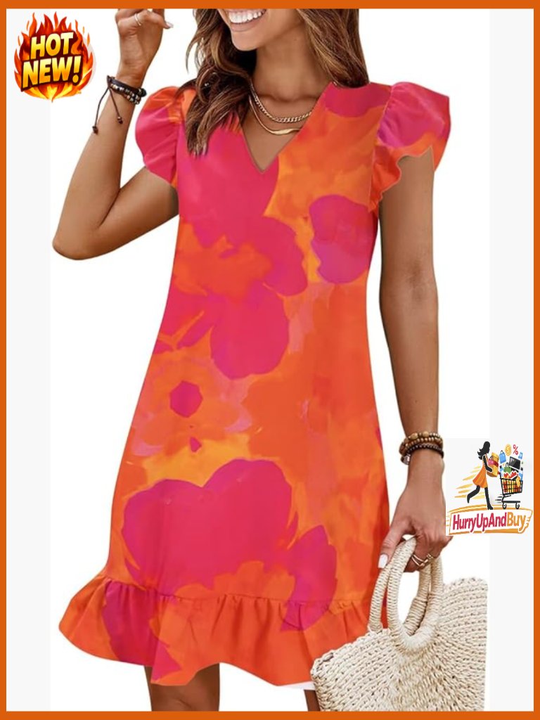 Cute Cap Sleeve V-Neck Flowy Swing Sundress Mini Dress Elegant Summer